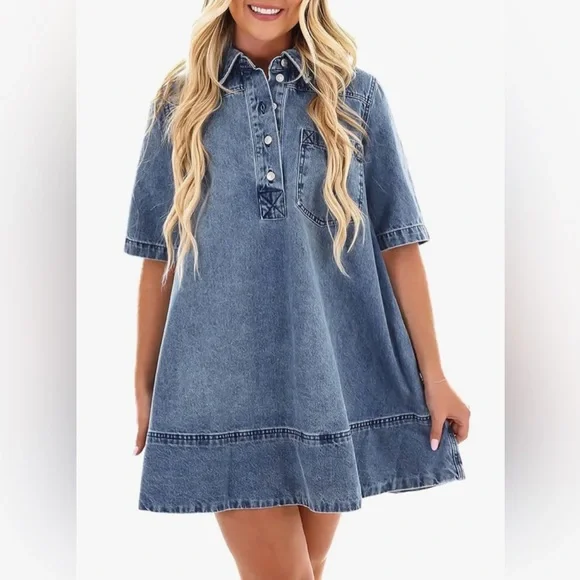 Women’s Denim Polo Baby Doll Dress With Pockets in Washed Blue - Picture 1 of 8